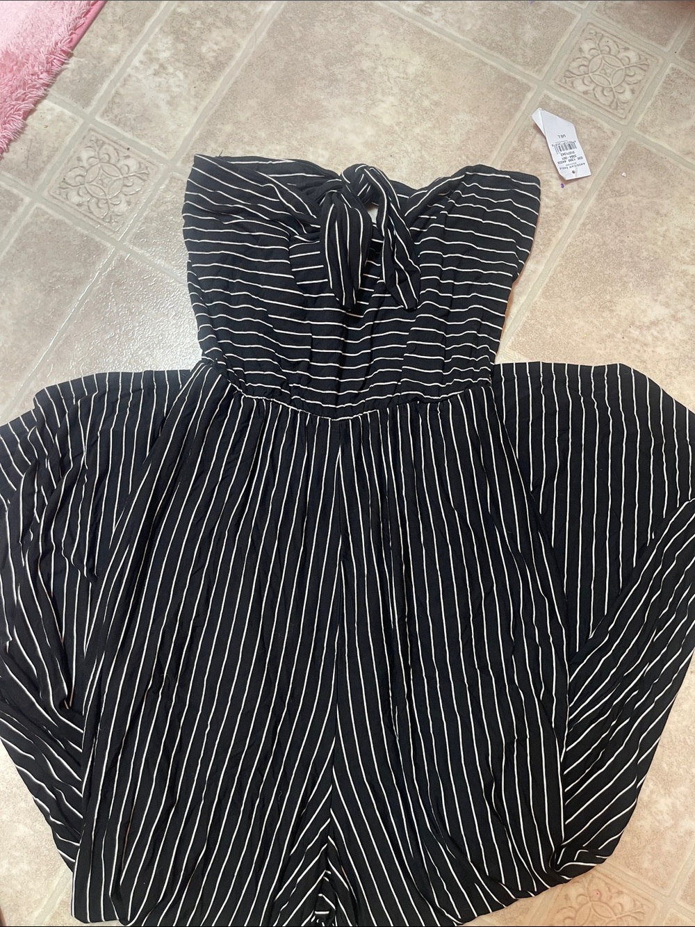 American Eagle Outfitters Black and White Striped Strapless Tie-Front Jumpsuit